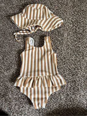 Rylee + Cru Skirted One Piece in Marigold Stripe with Matching Bucket Hat